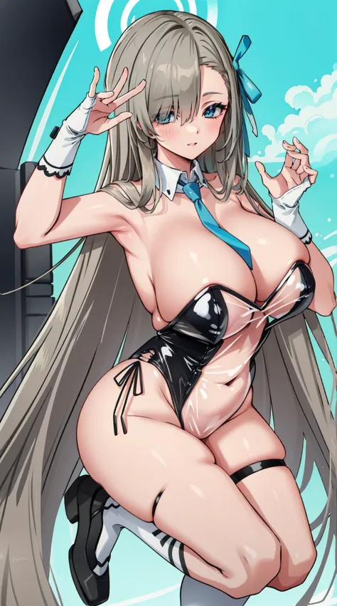 (A high resolution), (Ridiculous resources), (Best quality), (high high quality), (tmasterpiece), 1 plump girl, Asuna, eBlue eyes, Long gray hair, The halo, hair covering one eye, Very long hair, Light brown hair, (Large breasts, The cracks are relatively ...