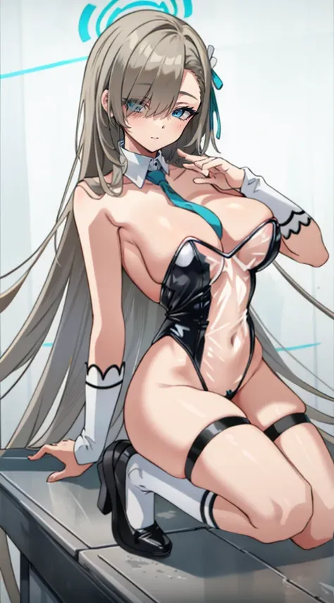 (A high resolution), (Ridiculous resources), (Best quality), (high high quality), (tmasterpiece), 1 plump girl, Asuna, eBlue eyes, Long gray hair, The halo, hair covering one eye, Very long hair, Light brown hair, (Large breasts, The cracks are relatively ...