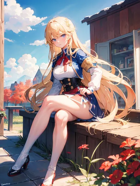 1girl, long blond hair, blue eyes, wearing a german Unifrom with red skirt and white thigh higs, high res, ultrasharp, masterpiece, loking at viewer, 
barracks in background