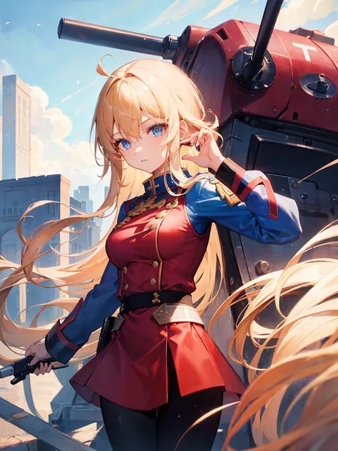 1girl, long blond hair, blue eyes, wearing a military unifrom with red skirt, high res, ultrasharp, masterpiece, loking at viewer, Tank in background