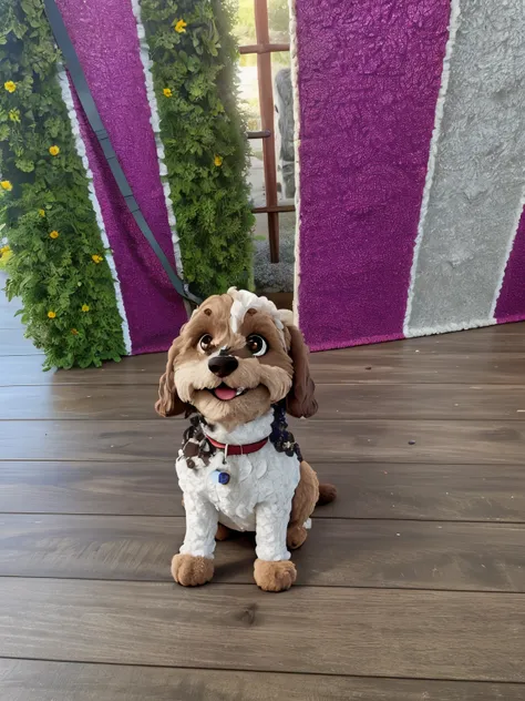 medium sized cockapoo that is dark brown and white dog sitting in a field of flowers with a smile on their face