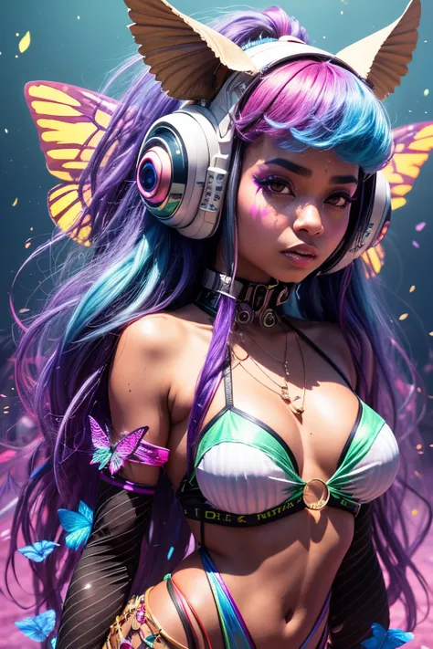 araffe with long hair and a butterfly wings on a beach, style blend of burning man, doja cat, bold rave outfit, wild rave outfit, rave inspired, rave outfit, afrofuturism style, raver girl, burning man, burning man nevada, festival vibes, zoe kravitz futur...