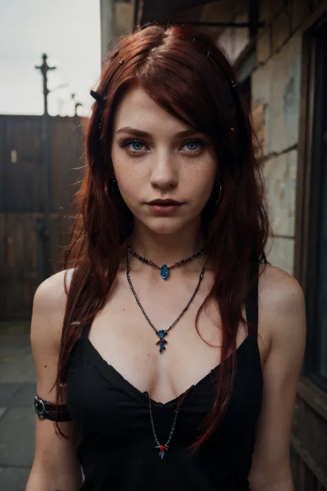 Disney Pixar, 1 girl, dark red dyed hair, blue eyes, freckles, lots of necklaces, earrings, grunge/gothic style, red/black eye make up