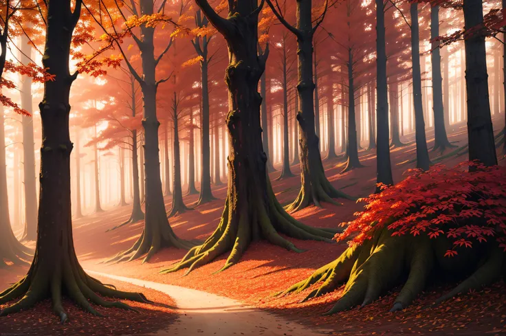 a mystical forest with trees with flaming red leaves