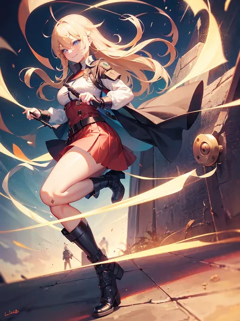 1girl,blond hair, blue eyes, wearing a combat gear with red skirt, wounded, smiling witha wink, high res, ultrasharp, masterpiece, loking at viewer, battlefield