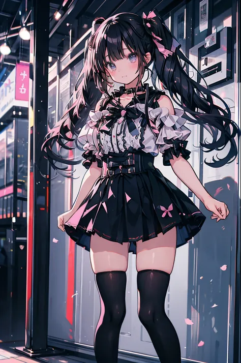 one japanese girl,jirai kei,thighhighs, skirt, black hair, twintails, pink skirt, collar, bow, black thighhighs, black footwear,...