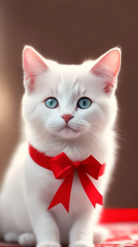 A cute little white cat with a red ribbon, posando delicadamente en un fondo blanco al estilo anime realista. La imagen debe transmitir calidez y ternura, capturando detalles precisos del gato y del estilo anime. Ensures the resolution is optimal for a wal...