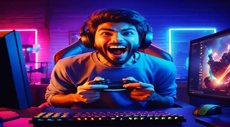 Capture the Essence of Emotion Live! Create an Irresistible image from a YouTube video thumbnail: Uma Pessoa Empolgada em Sua Livestream no Quarto Gamer com seu computador! Use Cores Vibrantes e Intrigantes para Despertar a Curiosidade dos Espectadores. Ma...