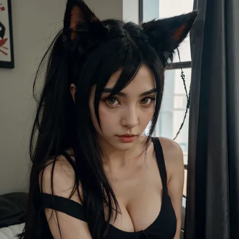 Anime girl with black hair that goes to her shoulders, bright red eyes with slit cat-like pupils, large wolf ears on her head and a black fluffy wolf tail connected to her tailbone