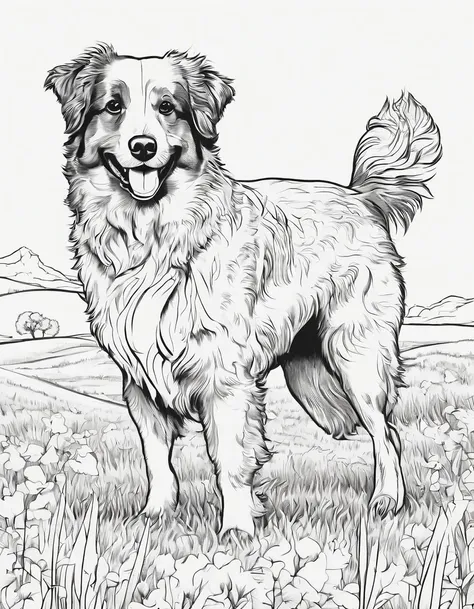 Mini Aussie doodle in a field, for coloring page, high quality, black and white, no shading