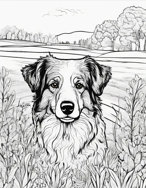 Mini Aussie doodle in a field, for coloring page, high quality, black and white, no shading