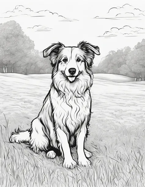 Mini Aussie doodle in a field, for coloring page, high quality, black and white, no shading