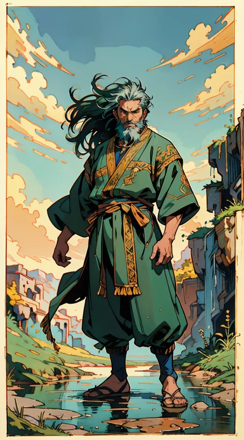 A middle-aged man around 50 years old, disheveled long hair and a long beard, his calm expression reveals wisdom, he wears a loose-fitting moss green robe, golden embroidery patterns, stands confidently in the wind, in a mountain valley with a stream, a br...