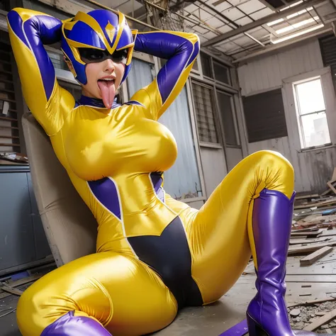 (masutepiece:1.1, Best Quality:1.1, 16 K, High resolution), 1womanl, (Ultra-realistic portrait of yellow power ranger), Ultra-detailed, Illustration, (Sleeveless, raise two hands:1.35, Show me her shaved armpits:1.35, Short hair, purple company costume, Pu...