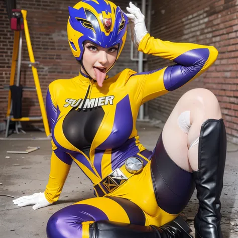 (masutepiece:1.1, Best Quality:1.1, 16 K, High resolution), 1womanl, (Ultra-realistic portrait of yellow power ranger), Ultra-detailed, Illustration, (Sleeveless, raise two hands:1.35, Show me her shaved armpits:1.35, Short hair, purple company costume, Pu...