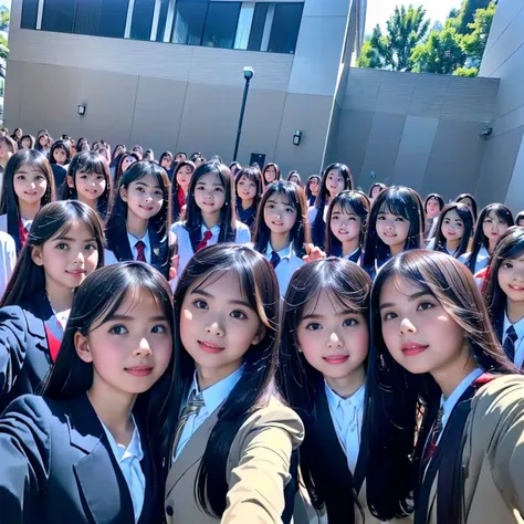 a picture、(((multiple girls))),((((6+girls)))),((((100girls)))),(((1000girls)))、((((100 Girls))))、(((crowd shot))),Women only、The same face、School Uniform、12 years old、Long black hair、100 cute girls、ssmile、Selfie stick、‎Classroom、Raw photo、(((Large group))...