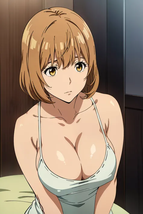 Best Quality, masutepiece, Brown hair, Yellow eyes, Yuriko Aoki, Embarrassed look, (oversize breast:1.5), cleavage of the breast, (White camisole:1.5, no-bra, Thin fabric), Slimed, Leaning forward, Upper body, Bedrooms, (Perfect Anatomy, perfect detailed b...