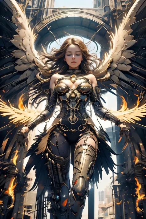 longshot, aerial angle, (mechanical, complex body), 100m tall angel, flying, sing, female round face, close eyes, open legs, (protect cover on chest and crotch), ((halo)), ruins of the city, impact, high speed, flame, necklace on fire, destroying, lightnin...