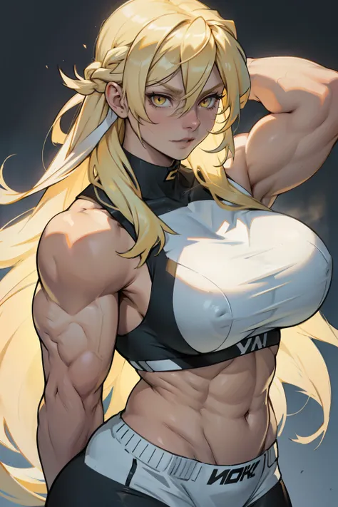 girl huge muscles huge breasts pale skin light blonde long hair yellow eyes hair between eyes flowing hair