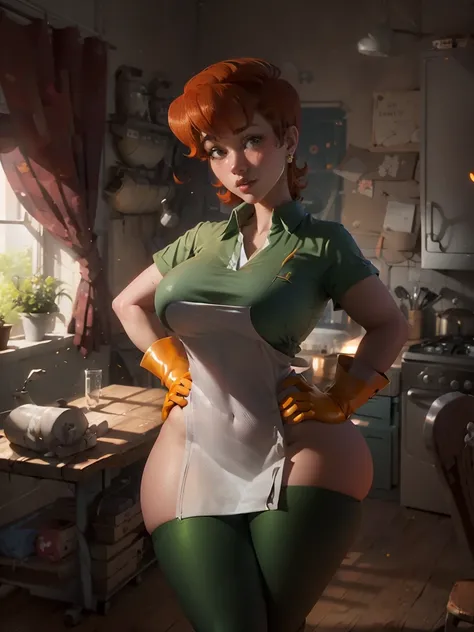 masterpiece, (mom (dexters laboratory)), 1girl, solo, apron, jewelry, earrings, (detailed gloves at hands), better_hands, medium breasts, wide hips, lipstick, curvy, buttom shirt, large breasts, (arms behind hip height), collared shirt, thick thighs, short...