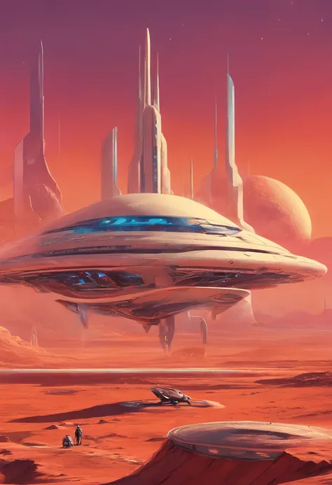 stranded light speed spaceship, enviroment is a mars-like red planet, "airbrush art" and warm colors and crome, Alien spaceship inspired by Daniel Simon, Syd Mead