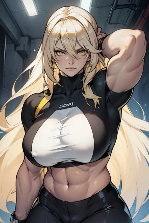 girl huge muscles huge breasts pale skin silvery blonde long hair yellow eyes hair between eyes