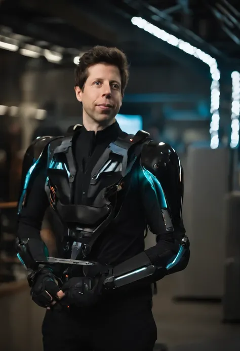 A picture of Sam Altman in a custom-made AGI-powered exoskeleton suit, wielding a futuristic plasma sword,original,Sam Altman