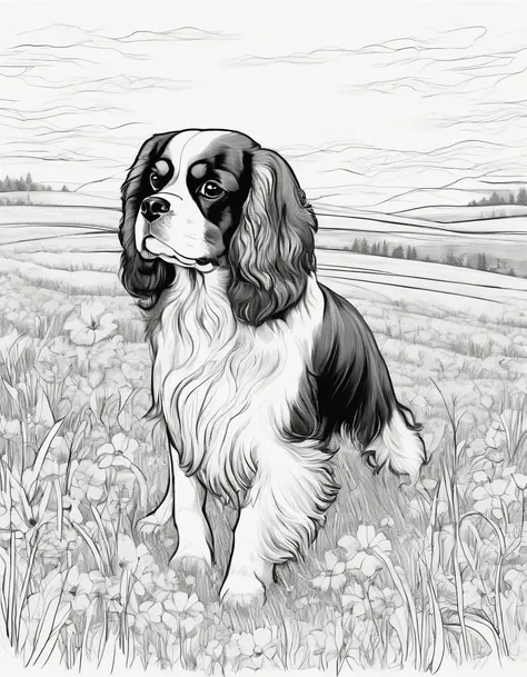 Cavalier King Charles Spaniel in field, for coloring the page, high quality, black and white, no shading