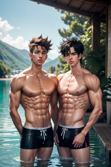 Two spanish boys swimming in trunks，masculines males, naked torso, with water drops, lake，Raised sexy, hot slim bodys, one black hair, other blonde hair, hd, realistic, 20 years old, lago paradisiaco,