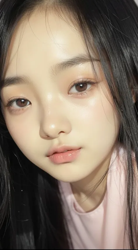 10 year old Asian girl (long shiny black hair, pure white skin, black eyes, thin "pink" lips, small nose, glowing face, wearing a white dress), looking at the camera cutely