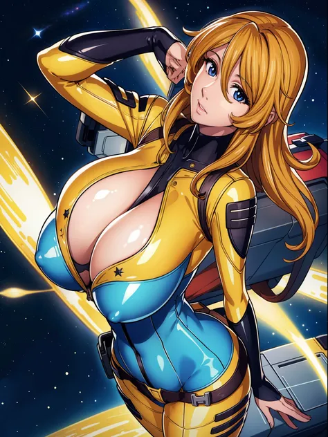 8k, 1girl,space ship,bodysuit,cleavage, night,galaxy, space, huge breasts, holding laptop, looking at viewer, , solo focus, cowboy shot, (masterpiece:1.4),(best quality:1.4),(shiny skin),steaming body ,