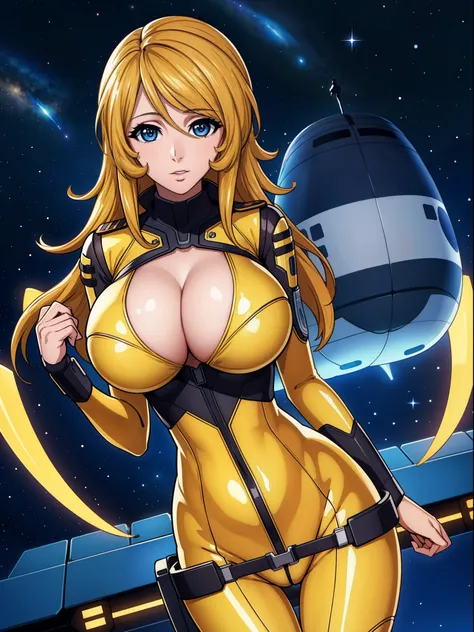 8k, 1girl,space ship,bodysuit,cleavage, night,galaxy, space, huge breasts, holding laptop, looking at viewer, , solo focus, cowb...