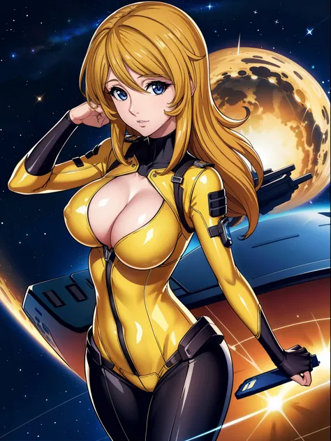 8k, 1girl,space ship,bodysuit,cleavage, night,galaxy, space, huge breasts, holding laptop, looking at viewer, , solo focus, cowboy shot, (masterpiece:1.4),(best quality:1.4),(shiny skin),steaming body ,