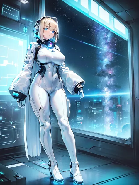 ​masterpiece:1.4, 1girl in ((20yr old, wearing a futuristic white and silver costume, tight fit bodysuit, long boots, very gigan...