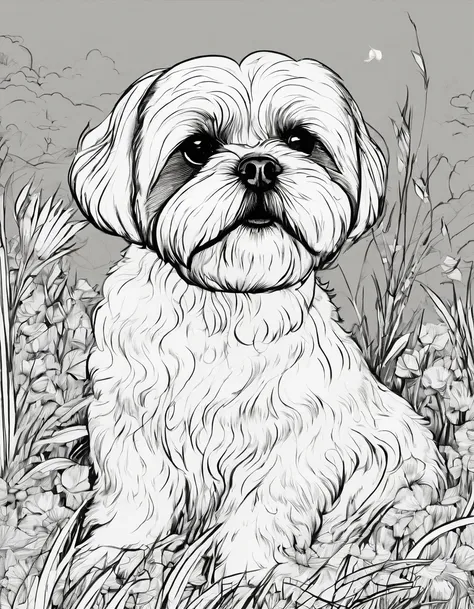 Shih Tzu laying down in grass, for coloring page, high quality, black and white, no shading