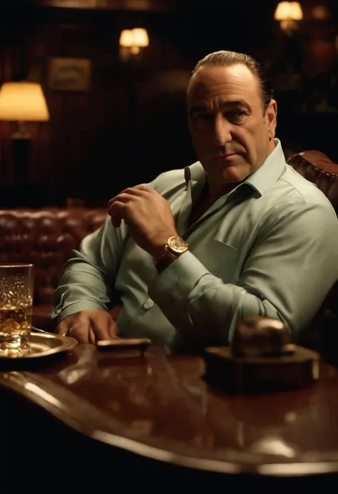 A photo of Tony enjoying a cigar in a dimly lit speakeasy.,The Sopranos,Tony Soprano, the fictional mob boss in “The Sopranos,” is a physically imposing figure, with a broad, stocky build, and a face that often shifts between a charming smile and a menacin...