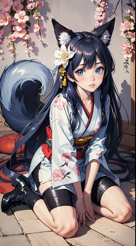 masutepiece, Best Quality,hair flower sketch, flower, Hair Ornament, 1girl in, Animal ears, Blue eyes, white blossoms, Long hair, Solo, Black footwear, Looking at Viewer, blush, Long sleeves, animal ear fluff, Blue hair, Parted lips, Bangs, komono, Full bo...