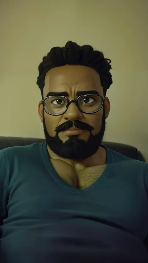 Homem negro gordo, cabelo encaracolado, beard and glasses sitting on the sofa looking