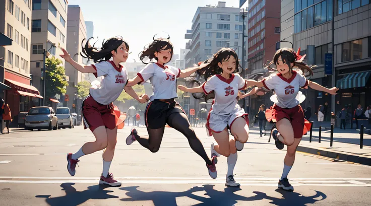 3 pair of girls, three-legged race, goal