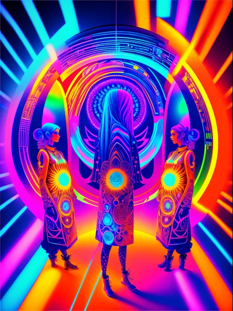 An ultra-detailed, high-quality, 4k or 8k masterpiece of a psychedelic, UV active artwork. The scene features colorful and vibrant visuals that evoke a trippy and mesmerizing atmosphere. The main focus of the artwork is on a group of pretty women who are d...