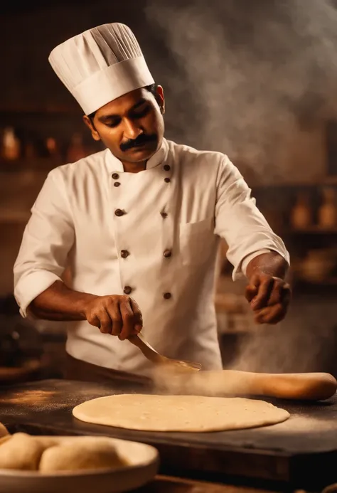 Draw an Indian chef pounding dough to make naan。