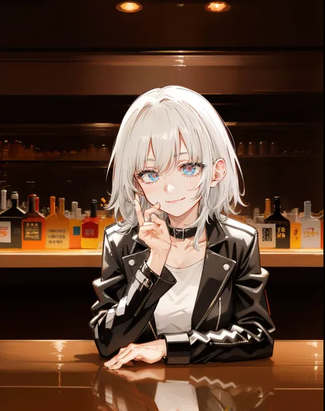 portrait photo of elexissinclaire wearing esjacket at a nightclub sitting at bar, wicked smile, (masterpiece) (best quality) (detailed) (8k) (HDR) (wallpaper) (cinematic lighting) (sharp focus) (intricate)