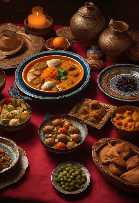 An exquisite shot of a traditional Moroccan meal, featuring an array of colorful and flavorful dishes served in ornate ceramic plates and bowls.,original,sasquatch