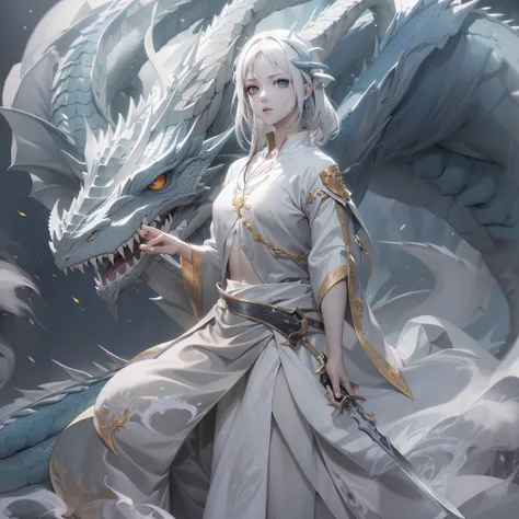 Pose,Beautiful face with white skin、On the belly, Black eyes, white  hair, Sword, Manteau blanc, blue flames,(((Grey Smoke Dragon))), Neat face, Neat face, a small face, depth of fields, good quality, High quality, High Definition, High resolution, aggress...