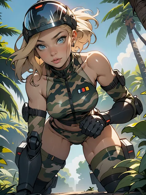 1woman 20 years old, max resolution, sculpted, military, wearing a soldier helmet, beautiful, perfect body, blonde hair, blue eyes, perfect body, thin waist, wide hips, large breasts, slim thighs, jungle background, armored vehicle, military robot dog, cam...