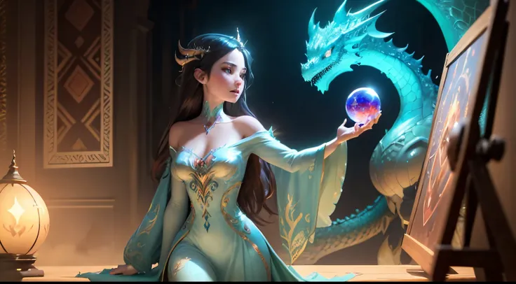 Drawing a woman holding a crystal ball in front of a dragon, Portrait of a dragon woman, estilo de arte de fantasia, Ruan Jia, close-up fantasy with water magic, Fantasy Illustration, arte de fantasia detalhada, arte estilo fantasia, manga fantasy illustra...