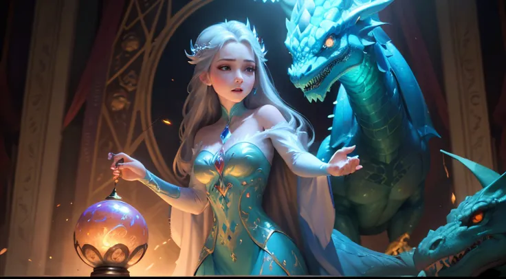 Drawing a woman holding a crystal ball in front of a dragon, Portrait of a dragon woman, estilo de arte de fantasia, Ruan Jia, close-up fantasy with water magic, Fantasy Illustration, arte de fantasia detalhada, arte estilo fantasia, manga fantasy illustra...