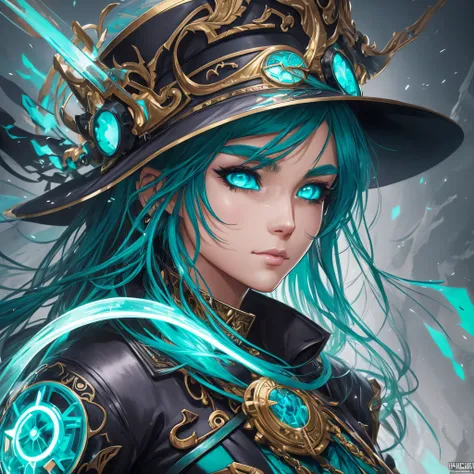 a close up of a person wearing a hat, anime fantasy artwork, black and aqua colors, ghostpunk, e - girl, black and green scheme, ultra detailed faces, military outfit, as a human, cover manga, striking artstyle, chaotic punk, mint, animesque, head and shou...