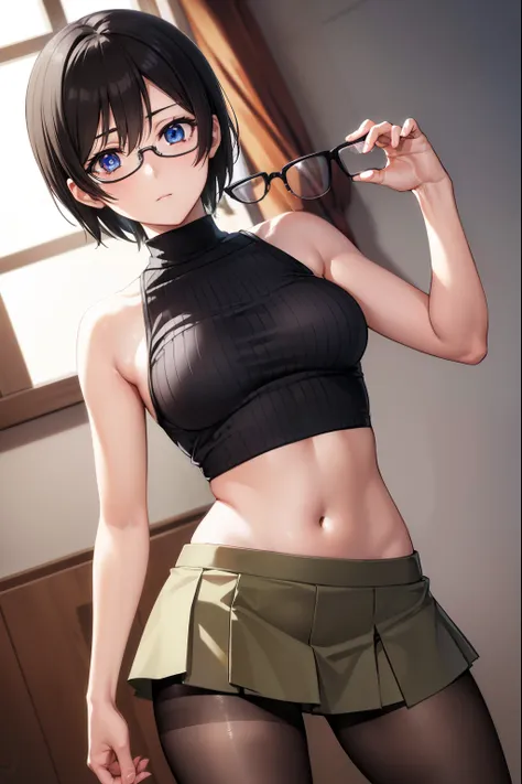 yuffie exaragi, yuffie kisaragi, 1 girl in、独奏、short hair, a pixie cut,turtle neck,((a miniskirt))、((pantyhose))、((eye glasses))
...