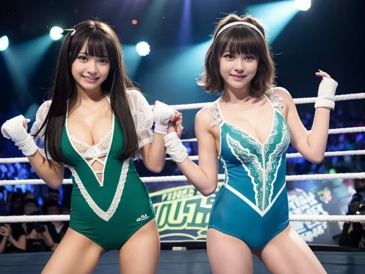 two cute girls with perfect bodies: 1.4, wrestling tag team,same outfit,14 and 15 years old,(Lori,lacy fabric,onepiece swimsuit, Very small breasts), Stand in the ring of professional wrestling,extremely detailed face and skin, Detailed eyes, Double eyelid...